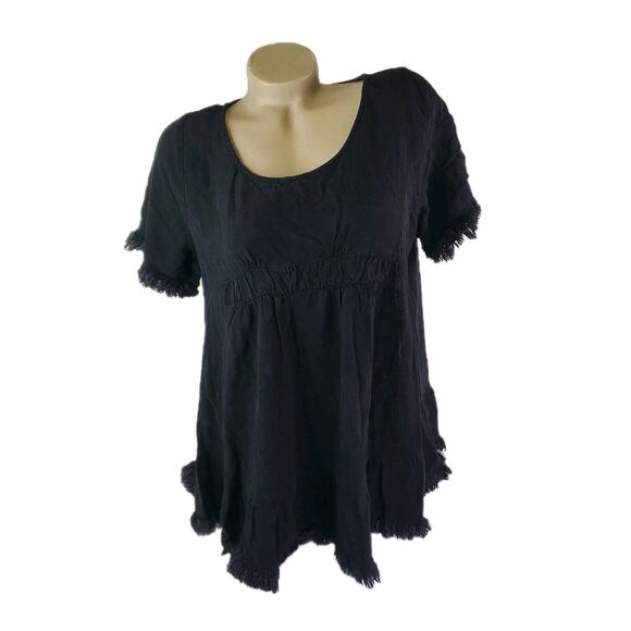 Umgee Babydoll Linen Blend Tunic Peasant Boho Ruffle Short Sleeve Fringed Sz XL - Picture 2 of 11